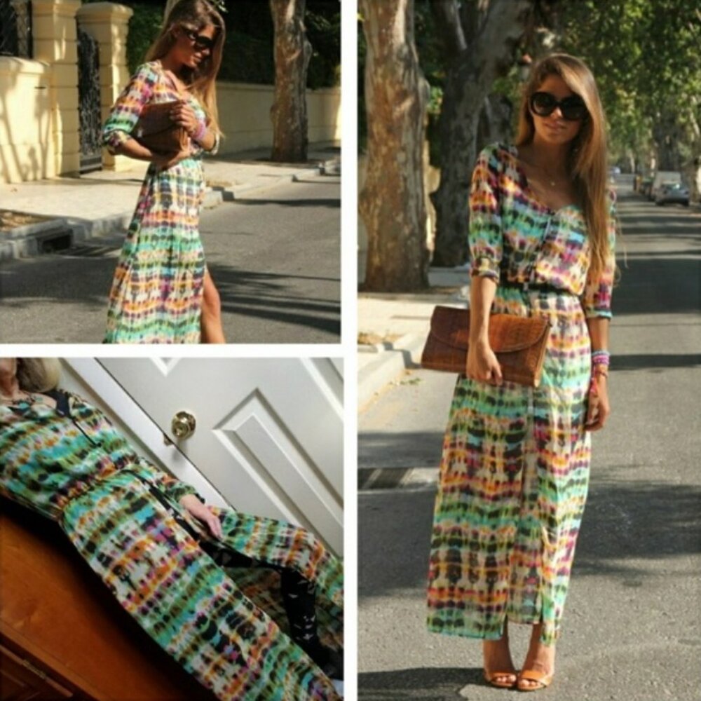 Zoe Baer Sheer Chiffon Maxi Dress Cover Up S Boho Tie Dye Multicolor Button Down